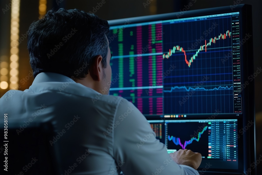 Analyst examining stock market trends on multiple monitors in a dark office environment during late evening hours Analyst examining stock market trends on multiple monitors in a dark office environment during late evening hours