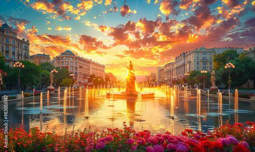 Majestic Sunset Over Bucharest's Unirii Square with Fountain and Historic Architecture Photoscape