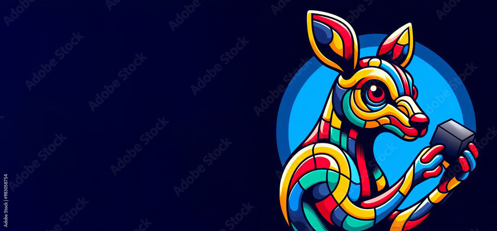 Fototapeta premium Geometric kangaroo in red, yellow, green, blue, Stylized figure with large red eyes on dark blue background. Creative interpretation of a kangaroo solving a puzzle,
