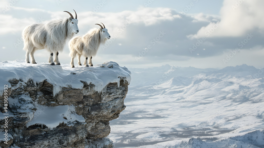 Fototapeta premium Mountain Goats on a Snowy Cliff