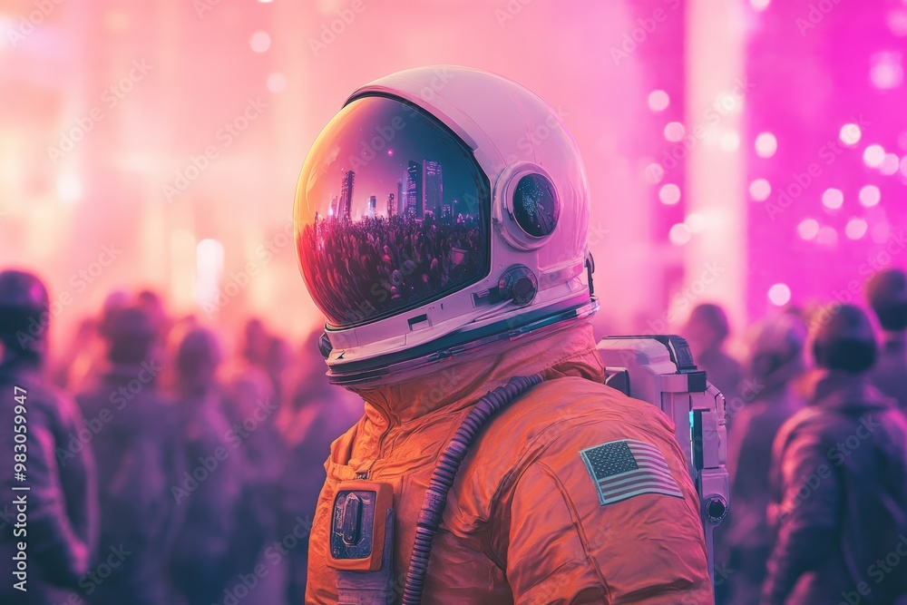 An astronaut surrounded by neon-colored dollar signs and coins set against blue sky, financial concept banner. Beautiful simple AI generated image An astronaut surrounded by neon-colored dollar signs and coins set against blue sky, financial concept banner. Beautiful simple AI generated image