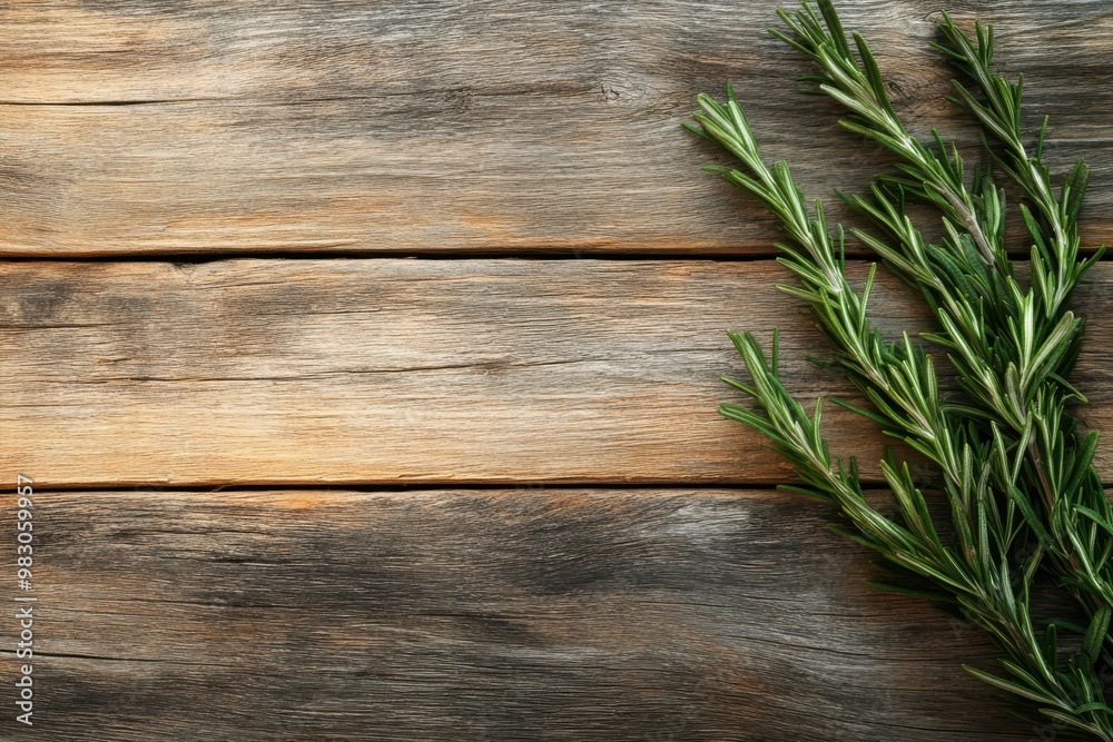 Fresh rosemary twigs on rustic board for herbal remedies and natural healing tips with blank area for writing Fresh rosemary twigs on rustic board for herbal remedies and natural healing tips with blank area for writing