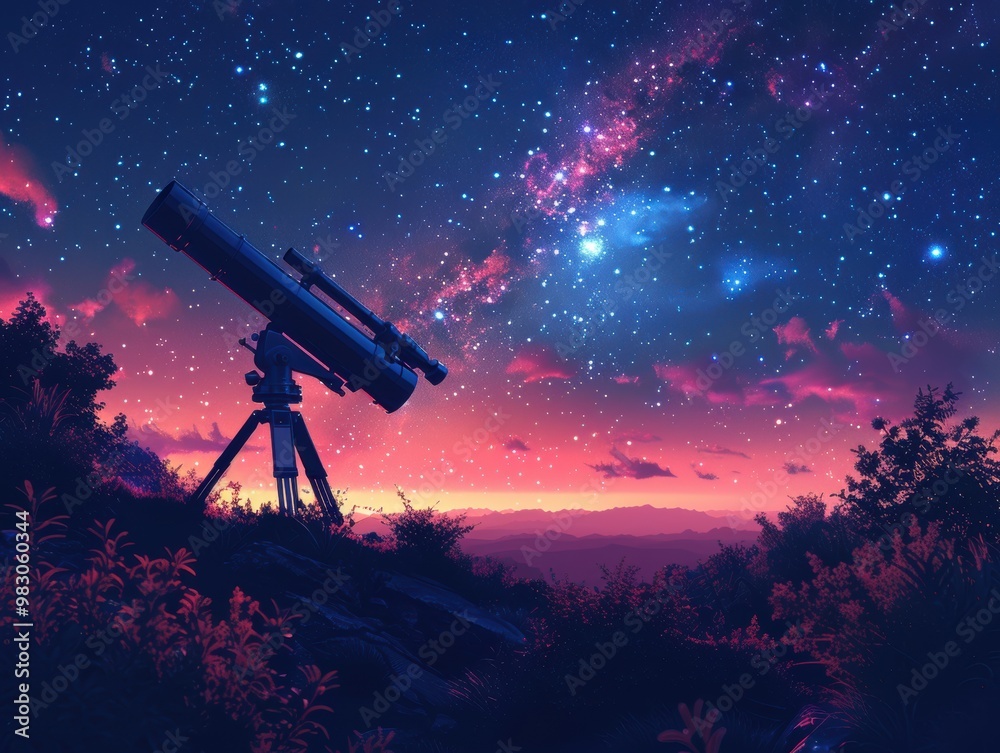 Silhouette of a telescope on a hillside against a starry night sky background. This image could be used as an illustration, banner, or as a space for text. Silhouette of a telescope on a hillside against a starry night sky background. This image could be used as an illustration, banner, or as a space for text.