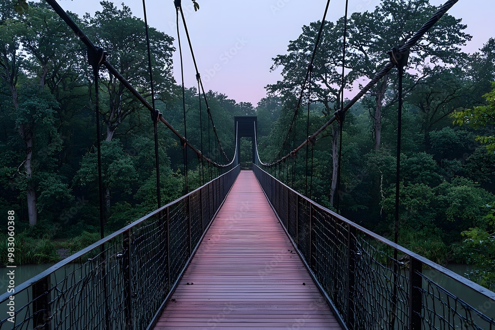 Obraz premium Tranquil suspension bridge at dusk in lush forest landscape