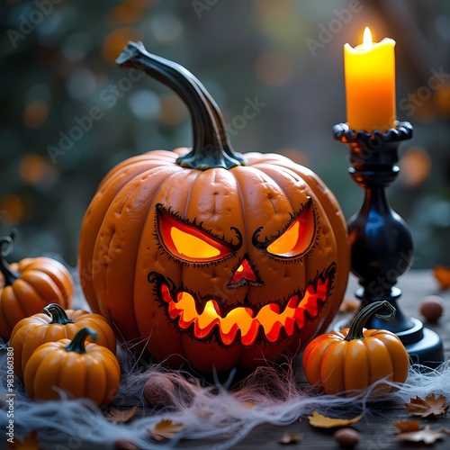 A scary Halloween pumpkin with a candle holder and cobwebs on a halloween background .