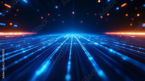 Futuristic technology background with glowing blue and orange lines and dots, representing digital data and innovation. photo