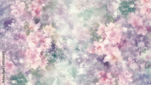 A flower wallpaper design, featuring a delicate blend of soft pinks, purples, and greens in a repeating floral pattern