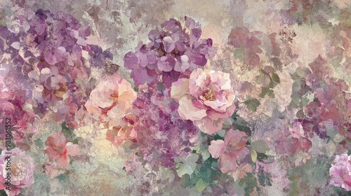 A flower wallpaper design, featuring a delicate blend of soft pinks, purples, and greens in a repeating floral pattern
