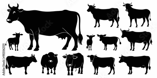 cow vector silhouette, black cow in different styles silhouette