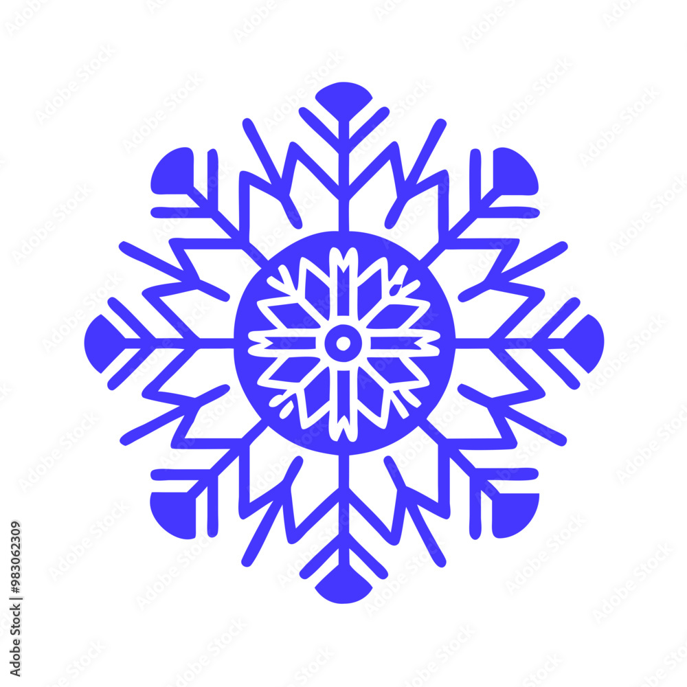 Stylized blue snowflake icon design with bold patterns for winter themes.
