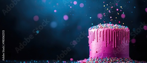 Colorful pink cake with sprinkles on a dark background, highlighting its festive look. photo