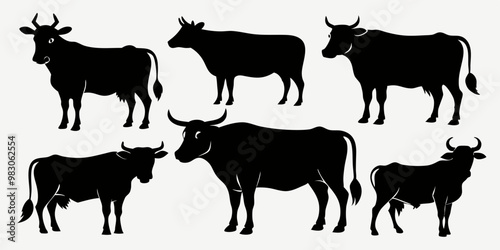 cow vector silhouette, black cow in different styles silhouette