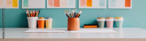 Creative workspace with colorful pens and empty papers on a stylish desk.