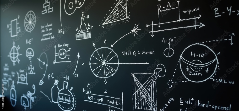 A chalkboard filled with scientific formulas, diagrams, and graphs, ideal for educational materials, presentations, and science related content. A chalkboard filled with scientific formulas, diagrams, and graphs, ideal for educational materials, presentations, and science related content.
