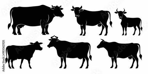 cow vector silhouette, black cow in different styles silhouette