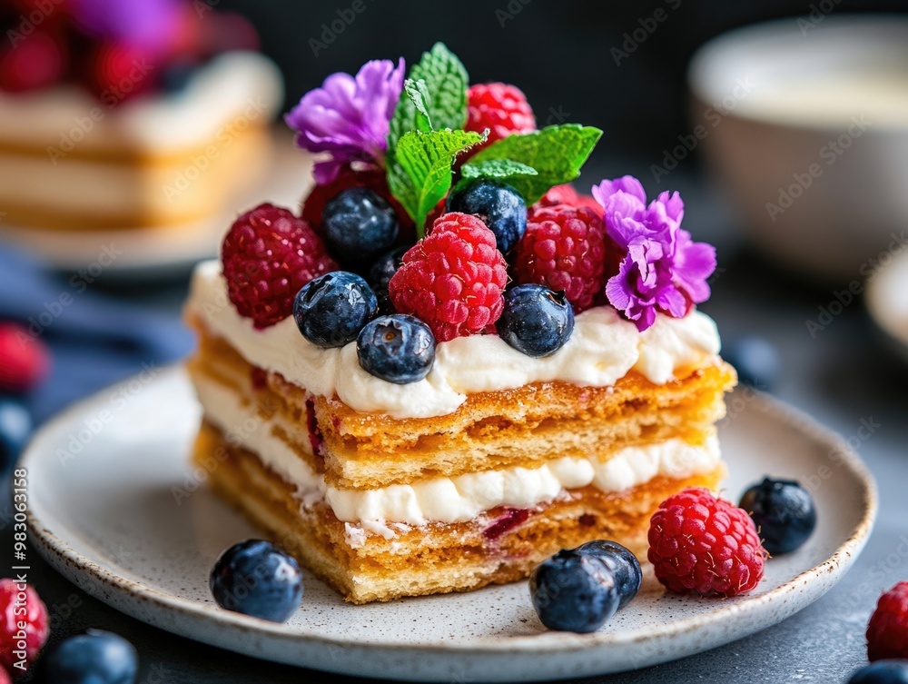 Delicious layered cake topped with berries and mint, beautifully presented on a plate. Delicious layered cake topped with berries and mint, beautifully presented on a plate.