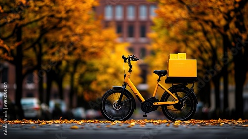 Delivery bike with yellow boxes in a vibrant autumn setting. photo