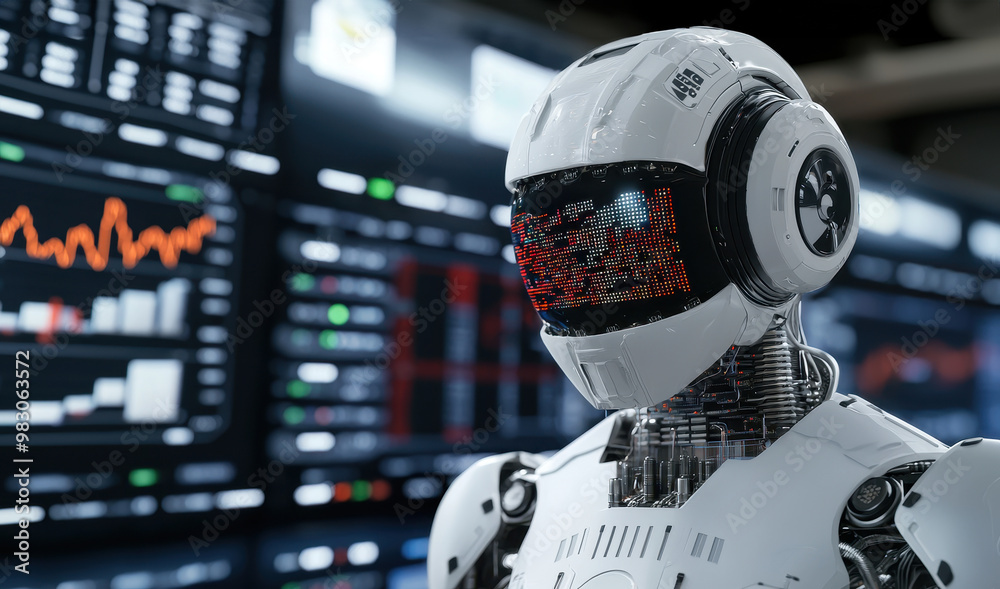 Futuristic robot standing in front of digital screens displaying data and analytics, symbolizing advanced technology and artificial intelligence. Futuristic robot standing in front of digital screens displaying data and analytics, symbolizing advanced technology and artificial intelligence.
