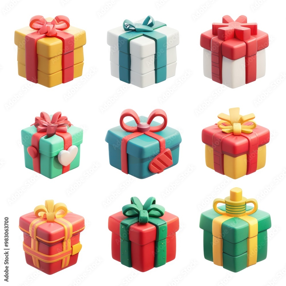 Colorful Gift Boxes with Ribbons and Bows Arranged in a Grid