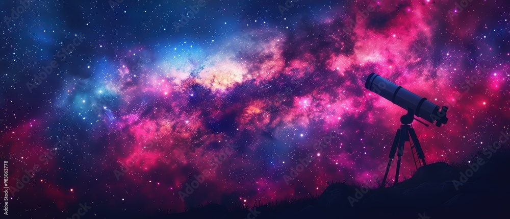 Silhouette of a telescope on a hillside against a starry night sky background. This image could be used as an illustration, banner, or as a space for text. Silhouette of a telescope on a hillside against a starry night sky background. This image could be used as an illustration, banner, or as a space for text.