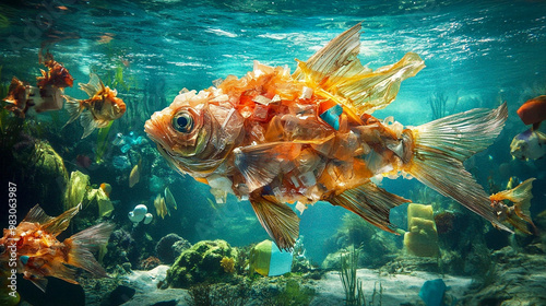 Fish made of plastic waste floating underwater, highlighting ocean pollution