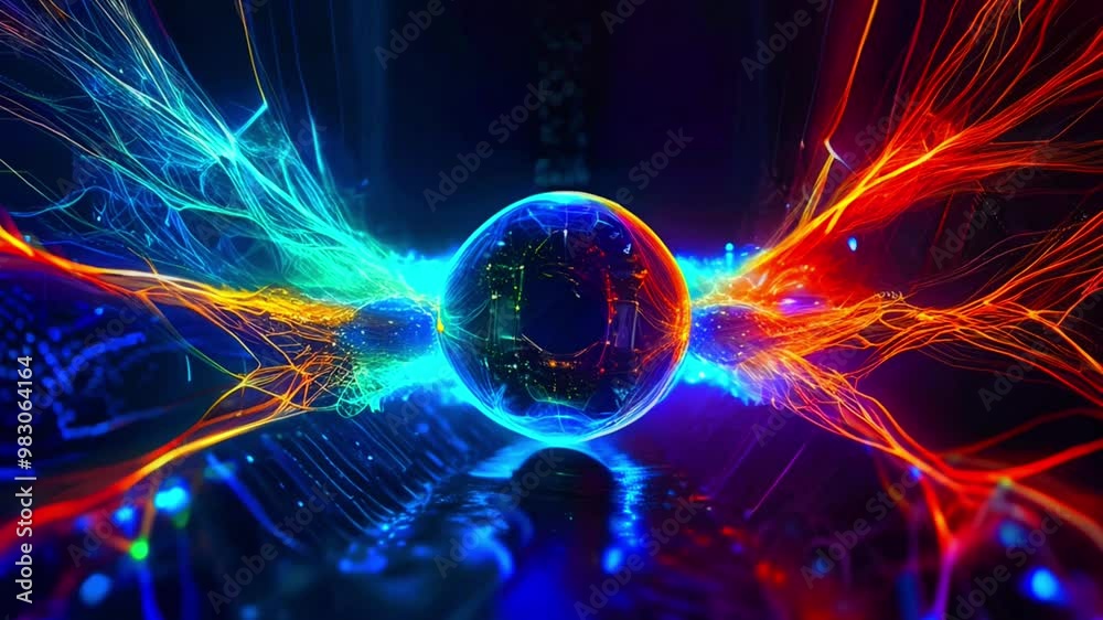 The energy ball emits a colorful energy power network in a very beautiful dark space. Explosion with alpha channel fractal wave visualization. Cosmic energy desktop wallpaper. 4K