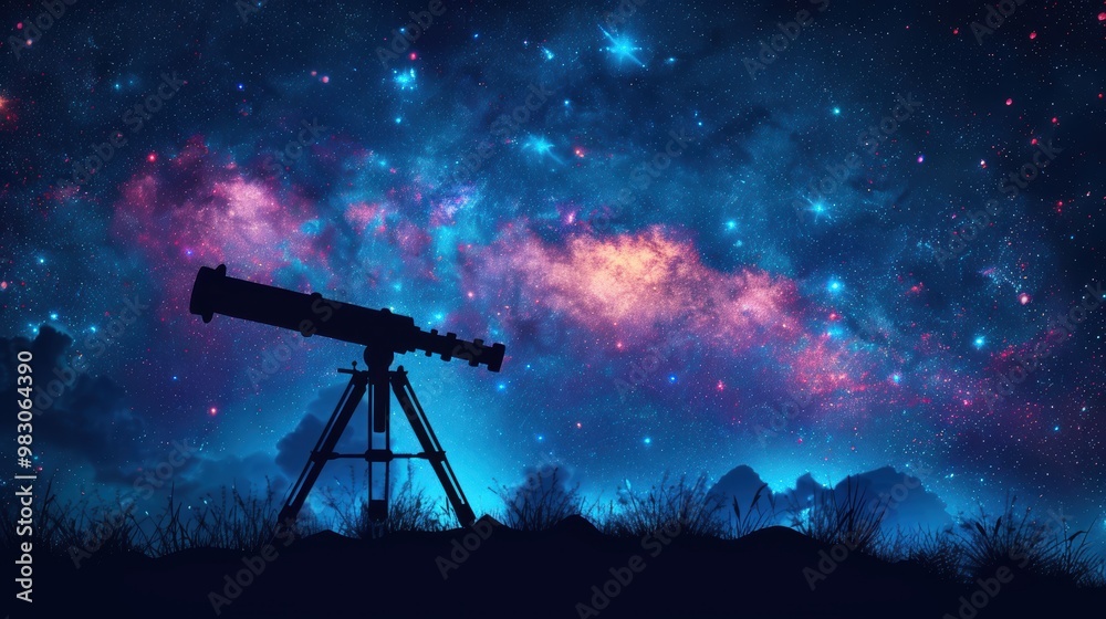 Silhouette of a telescope on a hillside against a starry night sky background. This image could be used as an illustration, banner, or as a space for text. Silhouette of a telescope on a hillside against a starry night sky background. This image could be used as an illustration, banner, or as a space for text.