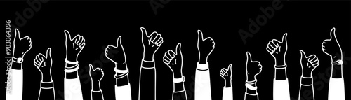 Doodle raising hands with thumb up background. Blackboard crayon scribble. White chalk drawing. Crowd of happy people, satisfied customers, clients, business audience