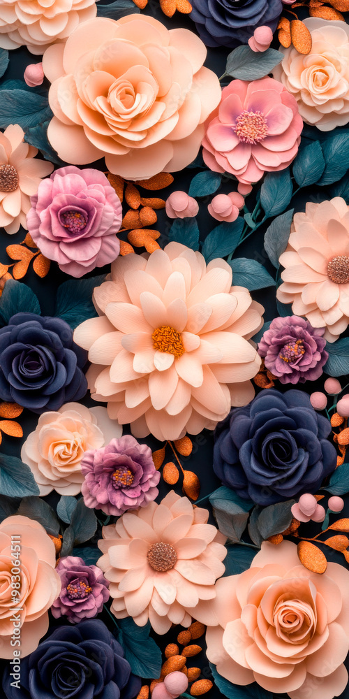 Fototapeta premium Exquisite floral illustration with a mix of blossoms in vibrant hues set against a dark backdrop, perfect for art prints and decorative themes.