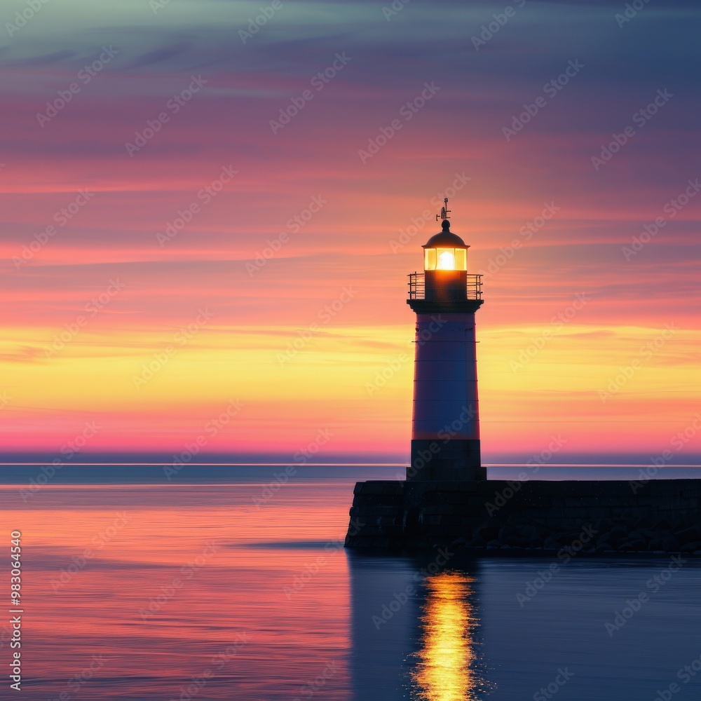 Lighthouse glowing at sunset over calm waters Lighthouse glowing at sunset over calm waters