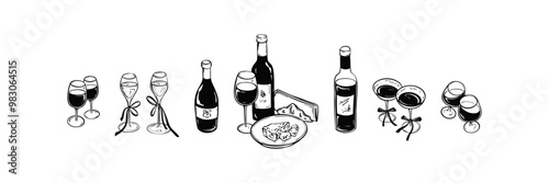 Wine bottles and glasses with brie cheese plate hand drawn linecut set. Doodle sketchy minimalist scribble vector illustration. Victorian vintage style. Champaign and cocktail alcohol drink