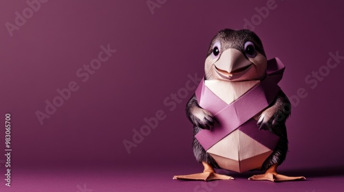 Platypus character with crossed sash and origami crane on a plum background. Creative and educational concept featuring smart animal design. High-resolution visuals.
 photo