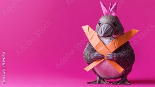 Platypus character with crossed sash and origami crane on a plum background. Creative and educational concept featuring smart animal design. High-resolution visuals.
 photo