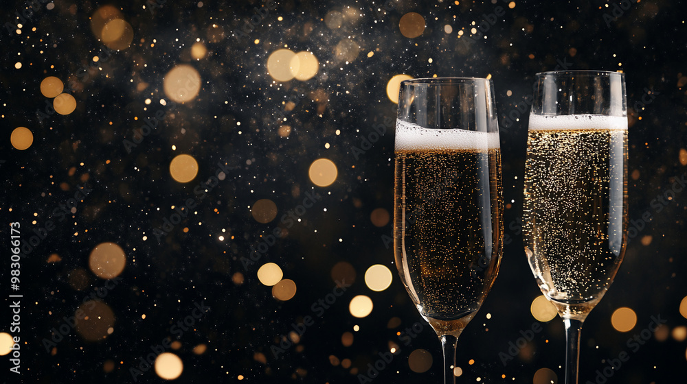 New Year's Eve celebration with champagne glasses and party decorations background New Year's Eve celebration with champagne glasses and party decorations background