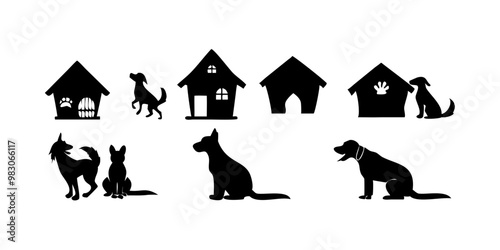 dog vector, silhouette dog, black dog, and dog house in different styles