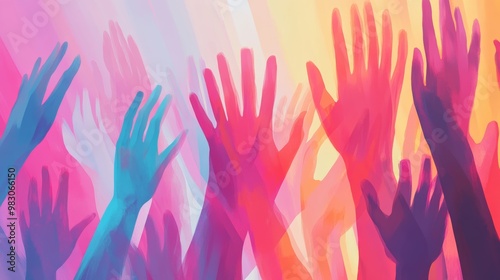 Abstract colorful hands reaching upwards, symbolizing cooperation and unity in diversity.
