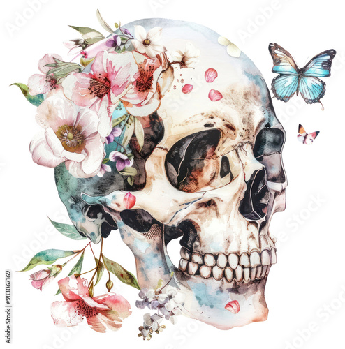 PNG Illustration skull watercolor flower art illustrated.