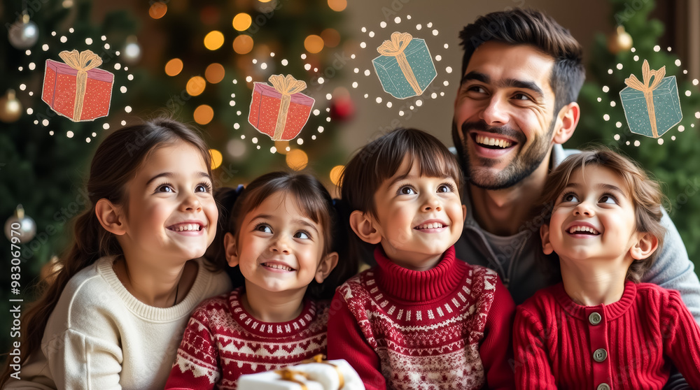A father and four children smile brightly while gathered in a festive room decorated for Christmas, sharing laughter and the excitement of gift-giving A father and four children smile brightly while gathered in a festive room decorated for Christmas, sharing laughter and the excitement of gift-giving