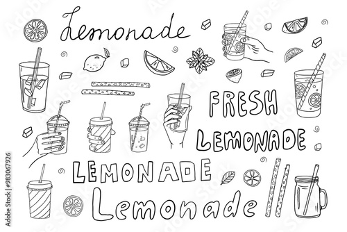 Set of lemonades in doodle style. Non-acoholic cocktails with ice cubes, mint, lemon, straw and lettering. Great for bar menu design, packaging. Vector illustration. Hand drawn. 