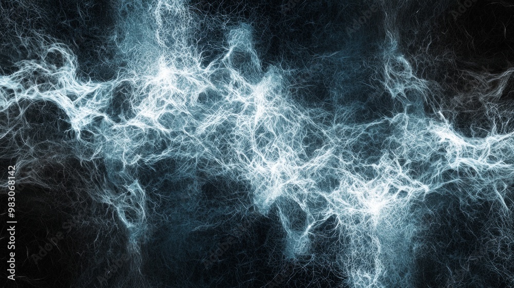 An abstract arrangement of blue particles expands outward, creating a stunning burst of electric energy. The intense glow of each particle enhances the cosmic theme, evoking feelings of vastness.