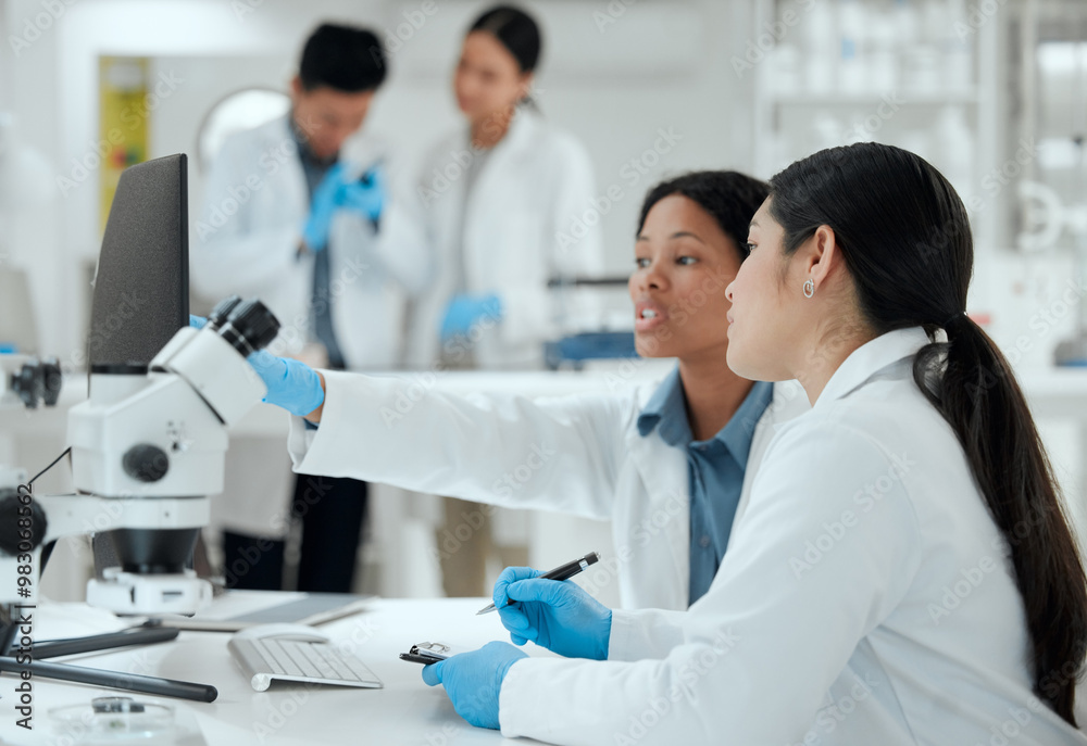 Science, women and team with microscope in lab for medical experiment, development and coaching. Pharmaceutical, scientist and intern with biotech for Mpox vaccine, solution and learning epidemiology Science, women and team with microscope in lab for medical experiment, development and coaching. Pharmaceutical, scientist and intern with biotech for Mpox vaccine, solution and learning epidemiology