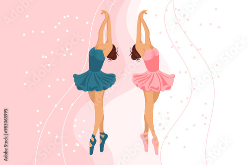 Two dancing ballerinas in dresses and pointe shoes on an abstract background. Illustration, vector