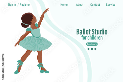 Ballet studio banner. Little cute girl ballerina in dress and pointe shoes. Illustration, landing page