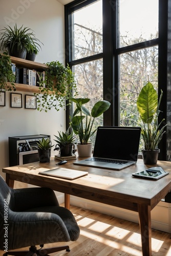 A sleek home office with a minimalist wooden desk holding dual monitors displaying data analytics, connected to a laptop. Natural light streams through large windows, with plants adding greenery.