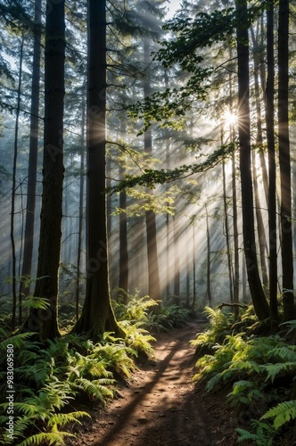 A dense forest with towering trees and sunlight filtering through the leaves. A mist rises as a narrow, winding path invites exploration into the heart of nature.