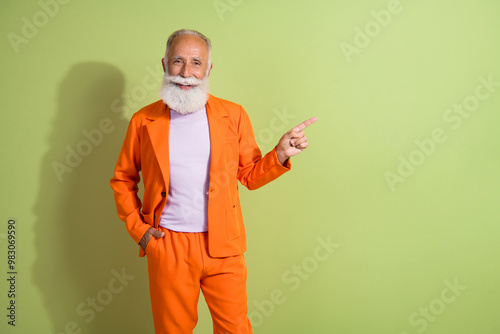 Photography Photo of elegant extravagant retired man wear stylish suit demonstrate empty spa