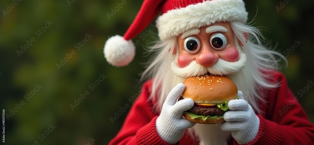 Obraz premium A cheerful Santa Claus enjoying a delicious burger, blending festive spirit with fast food fun. Perfect for holiday promotions or food related marketing.