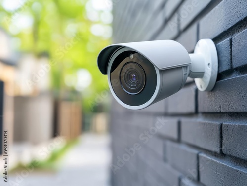 Outdoor security camera mounted on a brick wall, monitoring an exterior space with greenery in the background. photo