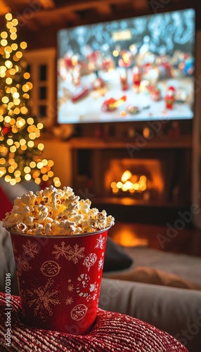 Festive Christmas Movie Marathon Invitation with Cozy Living Room and Holiday Decorations for Print Use photo