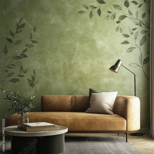 A minimalist interior design featuring a green leaf patterned wall, a plush armchair, and a side table, perfect for creating serene and calming spaces for homes, hotels, or spas photo